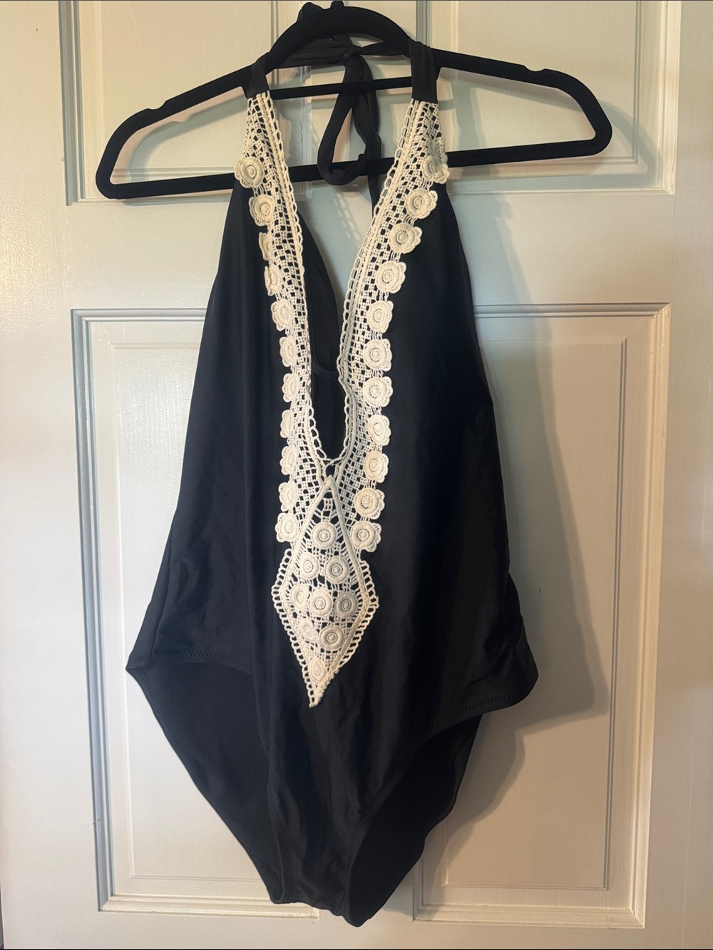 NWT Black One-Piece Swimsuit with White Crochet V-Neck Size XL